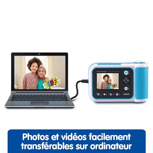 VTech - KidiZoom Print Cam Bleu, Appareil Photo à Impression Instantanée, Photo, Selfie, Vidéo, Écran Couleur, Filtres et Effets Rigolos, Cadeau Enfant Dès 5 Ans - Contenu en Français
