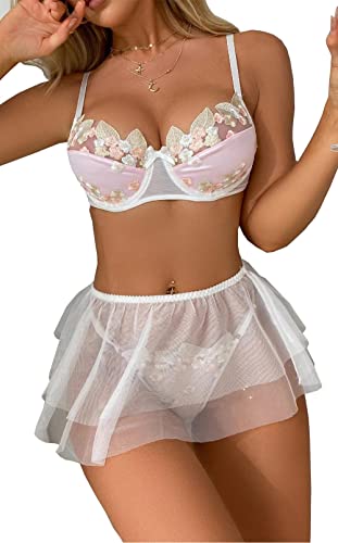 CuteMe Women's 3-Piece Floral Embroidered Sheer Mesh Underwire Lingerie Set with Sheer Tulle Skirt Removable Straps(Q22005- White Floral-M)