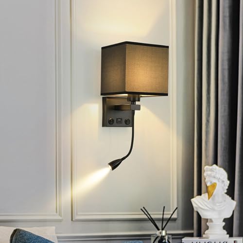 Aplique de pared E27 pantalla rectangular tela negra rotativo con doble interruptor 7