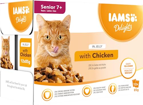 IAMS Delights Senior Katzenfutter Nass - Multipack mit Huhn in Gelee, hochwertiges Nassfutter für ältere Katzen ab 7 Jahre, 12 x 85 g