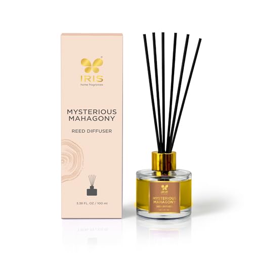 Image of IRIS Aroma Reed Diffuser - 100ml | Elegant Home Fragrance with 6 Fiber Reeds, Glass Round Bottle with Gold Cap | Aroma Diffuser for Cozy Decor & Gifting (Mysterious Mahagony)