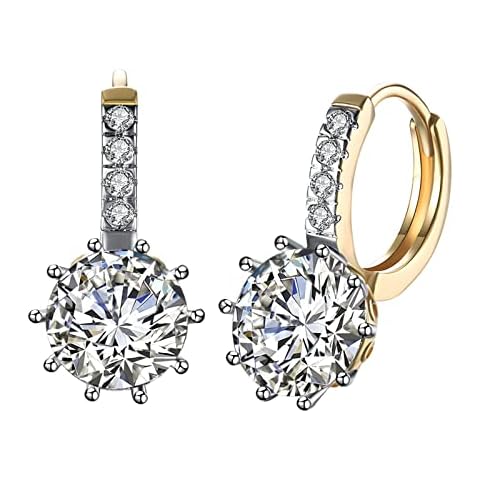 WSKFLY Earrings for Women,Round Crystal Flowers｜Square Crystal 18K Gold Plated Cubic Zirconia Drop Dangle Hoop Earrings(Round) Cover