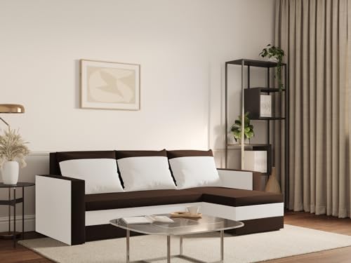 FORNIRO 24 Loft Ecksofa mit Schlaffunktion und Bettkasten – Sofa L-Form 225x130x75 cm, Stoff Basic in Braun-Beige, 3 Sitze & Kissen für modernes Wohnen – Bild 3