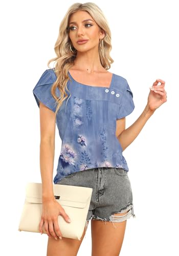 Image of Womens Petal Sleeve Tops Summer Trendy T Shirt Casual Loose Square Neck Button Blouse Tees