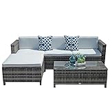 Super Patio Outdoor Patio Furniture Set, 5pc PE Wicker Rattan Sectional Furniture Set with Cream White Seat and Back Cushions, Steel Frame, Blue Throw Pillows,Gray