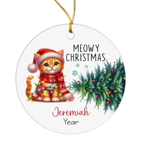Personalized Orange Tabby Wearing Santa Hat Ornament, Customized Orange Tabby Cat Ornament with Name & Year, Gifts for Cat Lovers, Custom Orange Tabby Kitten Ornament for Christmas Tree, Cat Ornament