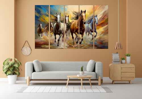 Image of KYARA ARTS 7 Horses Wall Painting for Living Room Big Size(30inchx48inch) 7 Running Horses Painting Vastu for Bedroom, Office, Hotel - Wall Decor Wooden Framed- Digital Painting