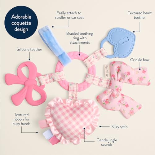 Image of Itzy Ritzy Teething Activity Toy - Bitzy Busy Ring Infant Teething Toy Features Braided Teether & Dangling Toys, Includes Textured Ribbons, Crinkle Sound & Jingle Bell - 0 Months & Up (Pink Bow)
