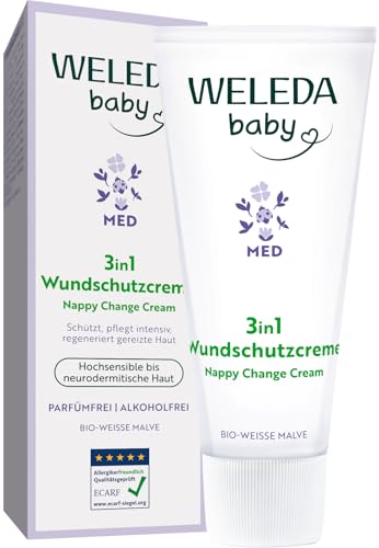 WELEDA Bio Baby Med 3in1 Wundschutzcreme Weiße Malve - Naturkosmetik Windelcreme mit Kokosöl & Sesamöl für hochsensible bis neurodermitische Haut beugt Wundsein im Windelbereich vor (vegan 50ml)