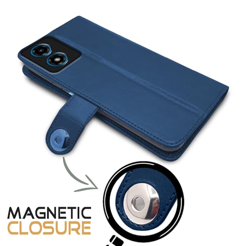Image of Pikkme Moto G04 Flip Cover Leather Finish | Inside TPU with Card Pockets | Wallet Stand and Shock Proof | Complete Protection Button Flip Case (Blue)