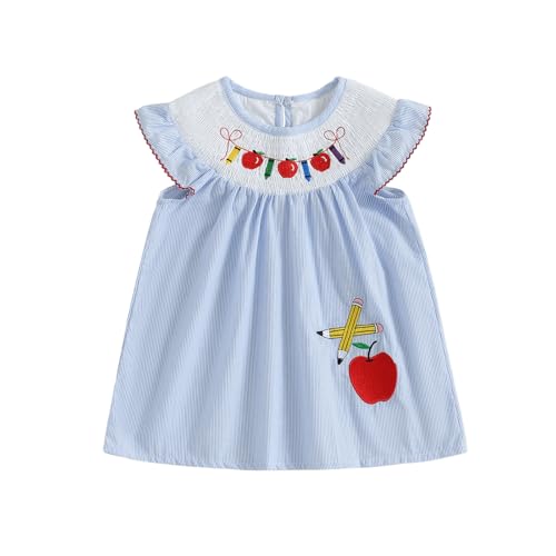1-5Y Toddler Baby Girl First Day of The School Dress Smocked Apple Pencil Embroidery Stripe Dresses Kindergarten Clothes