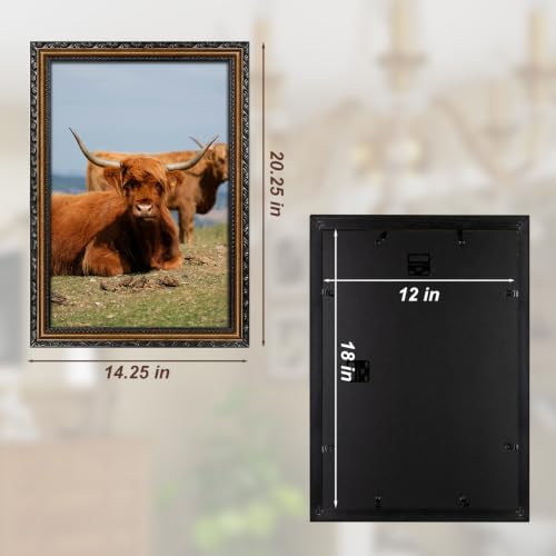 Image of Black 12x18 Frame Wood Vintage 12 x 18 Frames Gold | Real Glass, Easy Photo Changes, Wall Hanging, Ornate Wall Art