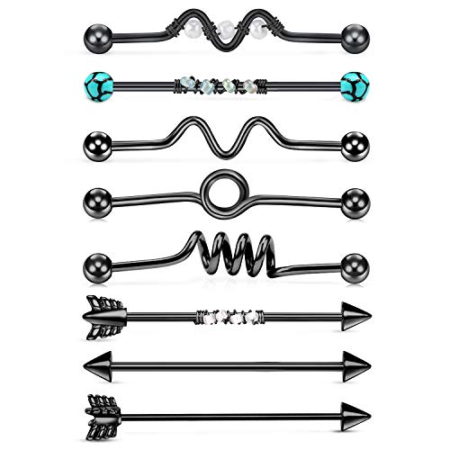 JFORYOU 8Pcs Piercing Industriel Acier Chirurgical 1,2 x 38 mm Haltères Industriels-Bagues d'oreille Piercing Bijoux