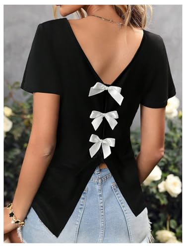 Women's Bowknot Backless Tops V Neck Short Cap Sleeve Elegant T Shirt Trendy Summer Tops4