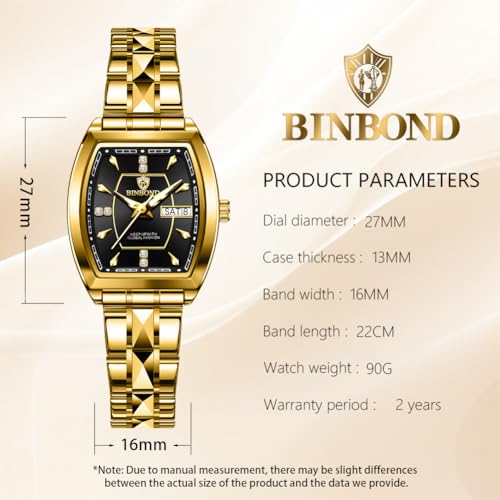 Image of BINBOND Square Watches for Women Analog Quartz Day Date Ladies Wrist Watch Diamond Stylish Stainless Steel Dress Womens Watch Elegant Luminous Waterproof