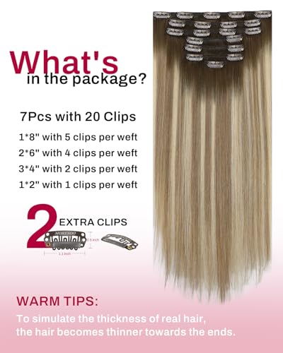 Image of Moresoo Balayage Clip in Hair Extensions Medium Brown to Light Brown with Medium Blonde Ombre Clip in Human Hair Extensions Remy Human Hair Long Full Head 120g /7pcs 20in