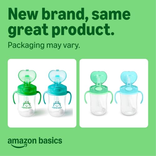 Image of Amazon Basics Spill Proof Dishwasher Safe Silicone Weighted Straw Sippy Cup with Removable Handles, BPA Free, 9 Ounces, Blue /Green, Pack of 2 (Previously Mama Bear)
