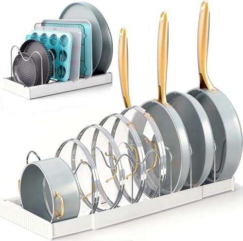 Expandable Pan Organizer for Cabinet Pots lid and Pans Holder Rack with 7 Adjustable Dividers Compartment for Kitchen Cookware Baking Frying Rack Fully Expanded Size 57cm Lx20cm Wx15cm H White(1pcs)