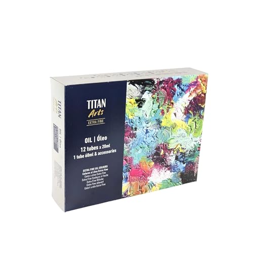 Titan Arts Pinturas al óleo extrafinas en caja de madera, tubos de 12 x 20 ml + 1 tubo de 60 ml, con accesorios