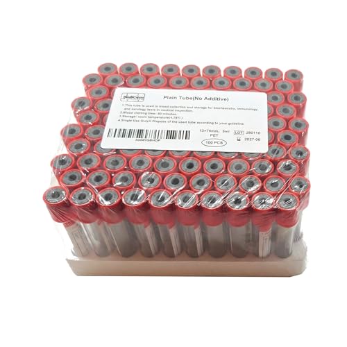 Blood Collection Tubes 5mL – Plain Vacutainer Specimen Tubes – Veterinary Blood Draw & Sample Collection Tubes – 100 Pack Diagnostic Laboratory Tubes for Animal Clinic & Veterinary Lab
