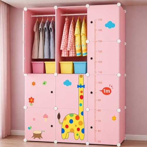 Image of EXVITO Kids Plastic Wardrobe - 12 Door Foldable Almirah for Clothes with Hanging Rod, Collapsible Wardrobe Cartoon Print Cupboard for Baby & Kids Room - Dyno Pink