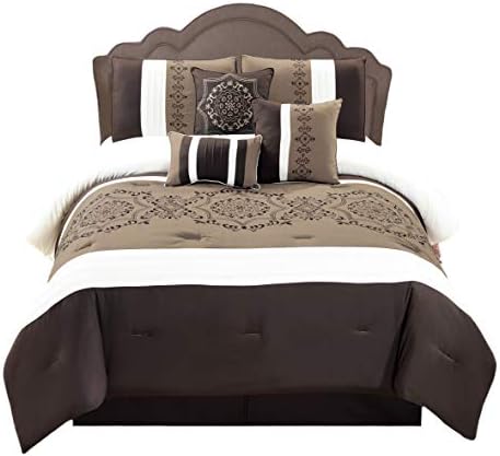WPM 7 Pieces Complete Bedding Ensemble Brown Taupe Victorian Print Luxury Embroidery Comforter Set Bed-in-a-Bag Bedding-Elizabeth (King)