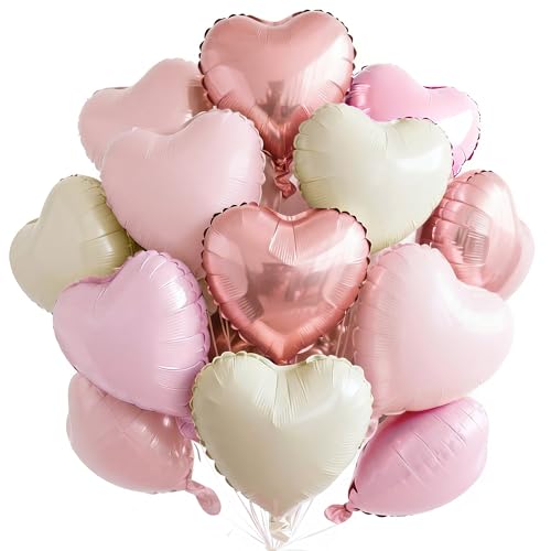 PartyWoo Valentines Balloons 15pcs 18 Inch Pink and Cream Beige Boho Foil Heart Balloons for Romantic Valentines Day Galentines Wedding Anniversary Engagement Bridal Shower Proposal Decorations