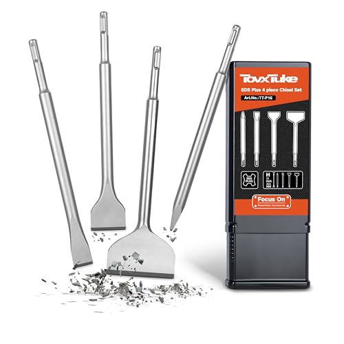 TovxTuke SDS Pluschisel Set, 4 Piece Steel Tool Set for Tile, Flat, Pointed Chisel, Suitable for Masonry, Bricks, Walls, Granite, Concrete