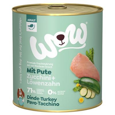 Wow Hundefutter nass Adult mit Pute, 6X 800g I reichhaltiges Nassfutter für ausgewachsene Hunde Aller Rassen I Beste Qualität mit viel Fleisch, Zucchini & Löwenzahn I hohe Akzeptanz & Verträglichkeit