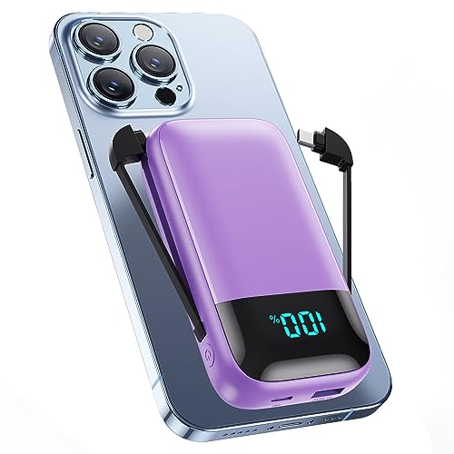 Portable Charger with Built in Cables,Ultra-Compact 13800mAh PD Fast Charging USB C Power Bank,4 Output LCD Display Battery Pack Compatible with iPhone 15/14/13/12,Android Samsung Galaxy Nexus,Purple