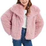 Flygo Girls Faux Fur Coat Kids Fluffy Long Sleeve Lapel Collar Open Front Jacket Warm Winter Shaggy Outwear with Pockets(Pink-M)