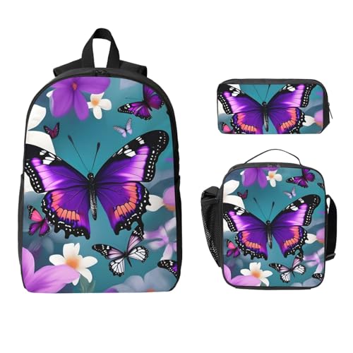 Purple Butterfly and Flowers print Backpack Bookbag for Daily Use,3 Pcs Backpack Set with Lunch Box and Pencil Case2