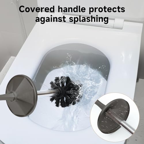 Image of Pewter Toilet Brush and Holder,Extra Long Handled Toilet Brush for Bathroom,Stainless Steel Heavy Duty Toilet Bowl Brush,Deep Cleaning Modern Toilet Cleaner Brush -Space Saving, Covered Brush