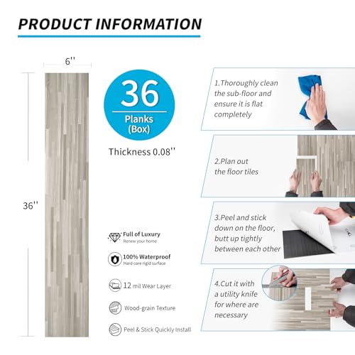 Image of Art3d 36-Pack Wood Texture Peel and Stick Vinyl Flooring Tiles, Dusty Grey