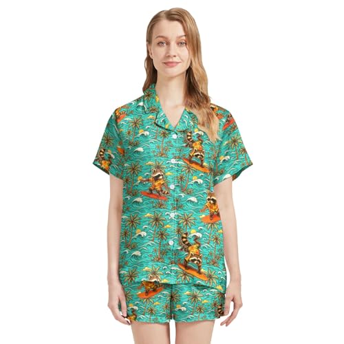 Image of Funny Pajamas for Women Set Print Satin Loungewear Pjs Short Sleeve Button Down Top and Shorts Sets Sleepwear XS-3XL