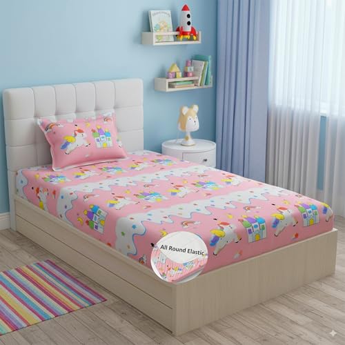 Image of Filymore Star Unicorn Elastic Fitted bedsheet for Kids Room Single Bed 240 TC Soft Microfiber (Size 72x36 inches) fit up to 6 inches Mattress(Color- Peach and White)