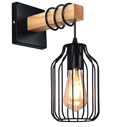 AWEKLIY Applique Interieur, Métal Lampe Murale en bois Vintage Style rétro industrielle Applique Murale E27 pour le Couloir Maison de campagne Chambre Salon salle de bain Noir Cover