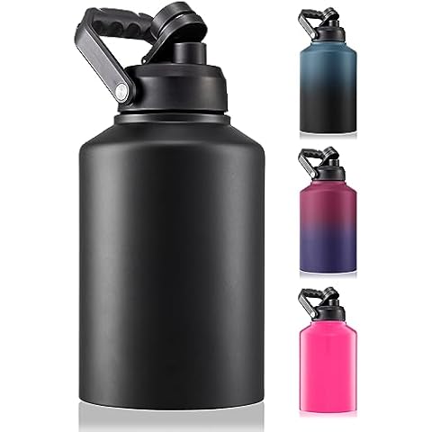 CIVAGO Gallon Insulated Water Bottle Jug with Handle, 128 oz Stainless Steel Sports Canteen, Large Metal Growler Mug, Black Cover