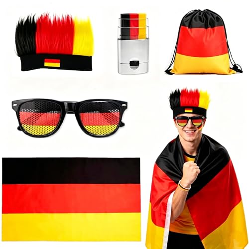 Lot de 5 articles de fan du monde de football 2026 Allemagne – Cape, lunettes et perruque pour les fans de football, coffret cadeau pour homme et femme, accessoires de décoration nationale pour stade