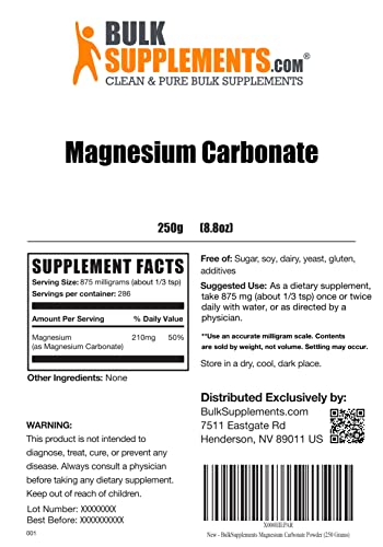Bulksupplements.com Magnesium Carbonate Powder - Magnesium For Women - Mag Carbonate Powder - Magnesium Powder Supplement - Pure Magnesium - Magnesium Mineral Supplement (250 Grams - 8.8 Oz) #TOP1