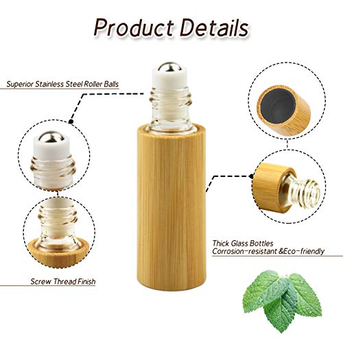 AUHOKY 12Pcs Bamboo Roll on Bottles for Essential Oils, Portable Massage Oil Bottle with Stainless Steel Roller Ball, Reusable Travel Perfumes Sample Lip Gloss Container (1 Opener) (5ML)4