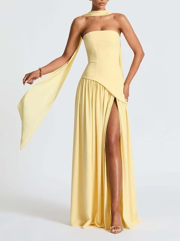 Strapless Bridesmaid Dress with Scarf 2026 Ruffle Chiffon Long Prom Dresses with Slit Evening Gown LA95