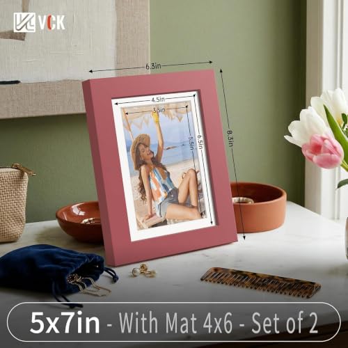 Image of VCK 5x7 Picture Frame 2 Pack, Red Wood, 4x6 Mat, Glass, for Photo Print