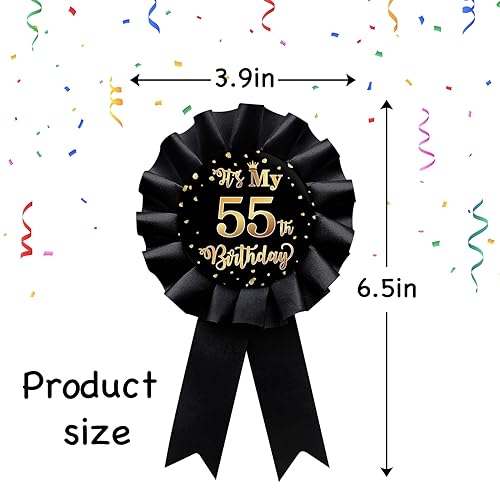 Image of Black It's My 55th Birthday Tinplate Badge Pin, Happy 55th Birthday Man or Woman Award Ribbon Party Decorations Sign