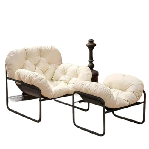 OGXNリラックスチェア、一人掛けソファー、フロアチェア、耐荷重150kg、高耐久素材、通気性、組み立て簡単、屋内屋外兼用、リビング、バルコニー、書斎 (パールホワイト,カーボンスチール製の黒い脚とペダル)