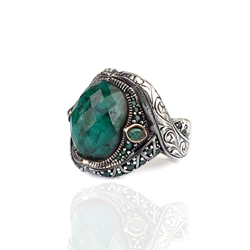 Emerald Stone Men Silver Ring, 925 Sterling Silver Emerald Gemstone Ring, Handmade Engraved Turkish Silver Ring with Natural Emerald Stone