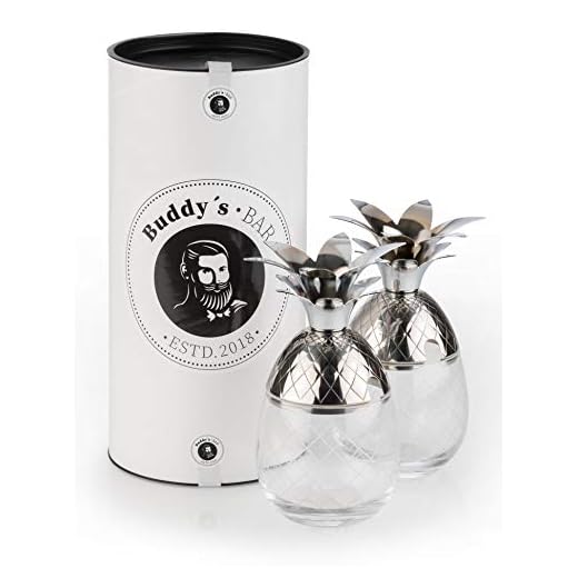 Buddy´s Bar – 2 Vasos de cóctel de piña, 350 ml, de Acero Inoxidable Cristal, Apto para Alimentos, Incluye Caja de Regalo, 2 Unidades, Acero Inoxidable y Cristal