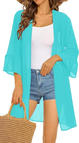 Indian Trendy Women's Solid Ruffle Sleeve Kimono Long Cardigan Loose Cover Up Casual Blouse Top Chiffon, Small-Medium3