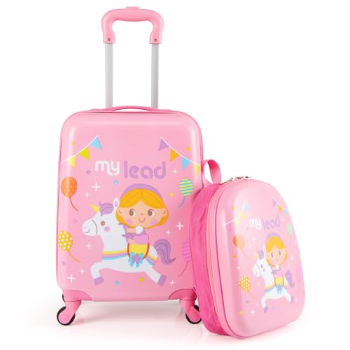 COSTWAY Juego de 17' Maleta Cabina Infantil con 13' Mochila Rígida, Maleta Viaje Niños con Ruedas Universales, Equipaje de Viaje para Niños con Mango Ajustable (Unicornio)