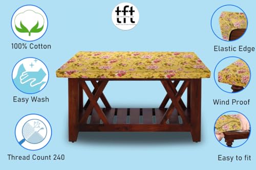 Image of The Furnishing Tree Elastic Cotton Square Center Table Cover 26x26 in Inches Floral Pink Rose on Yellow Base
